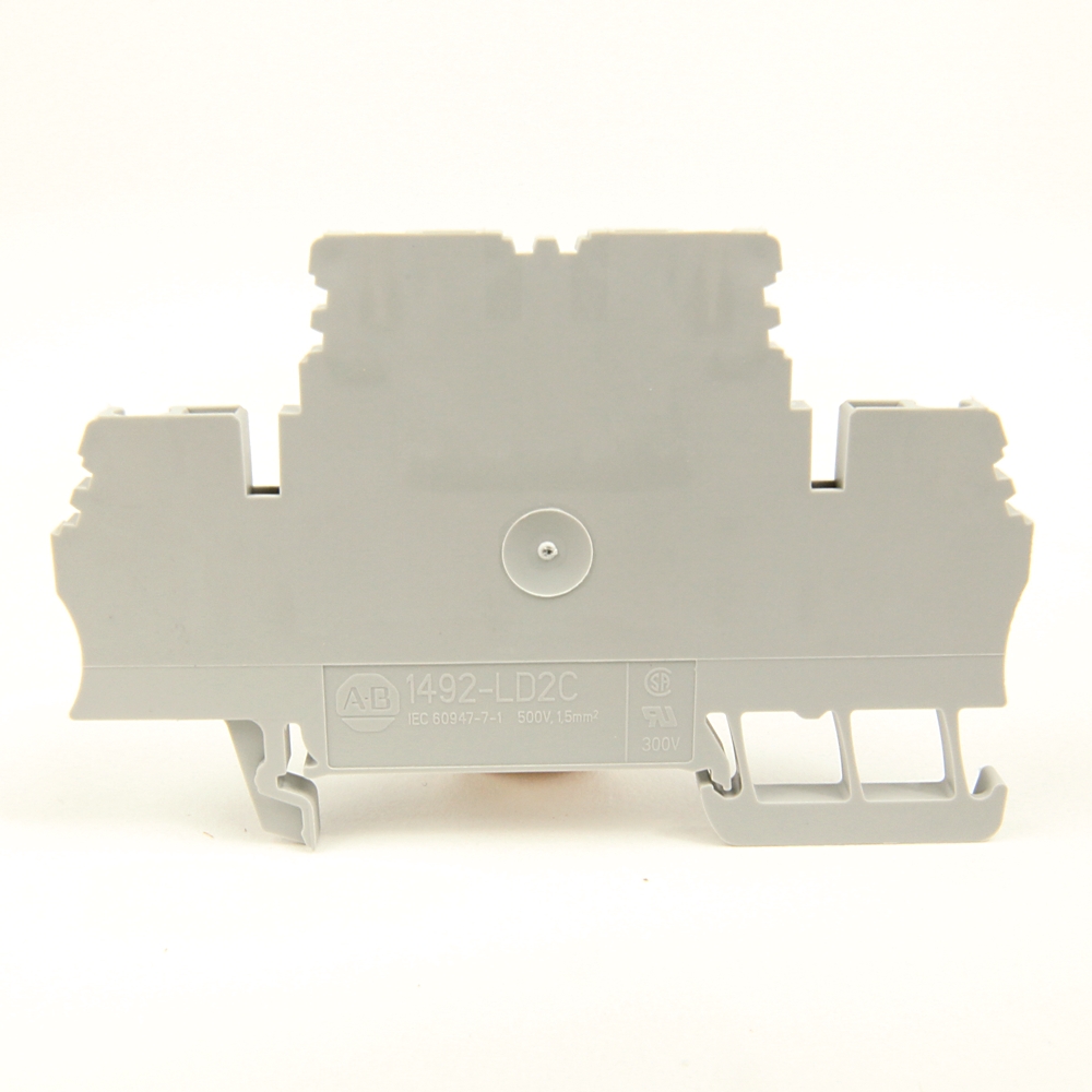 Gray modular electrical terminal block base with side clip slots and a central mounting hole, labeled A-D 1492-LD2C