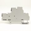 Gray plastic modular electrical terminal block housing with mounting clips, shown from the side