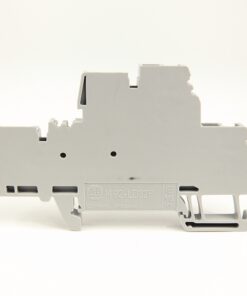 Gray plastic modular electrical terminal block housing with mounting clips, shown from the side