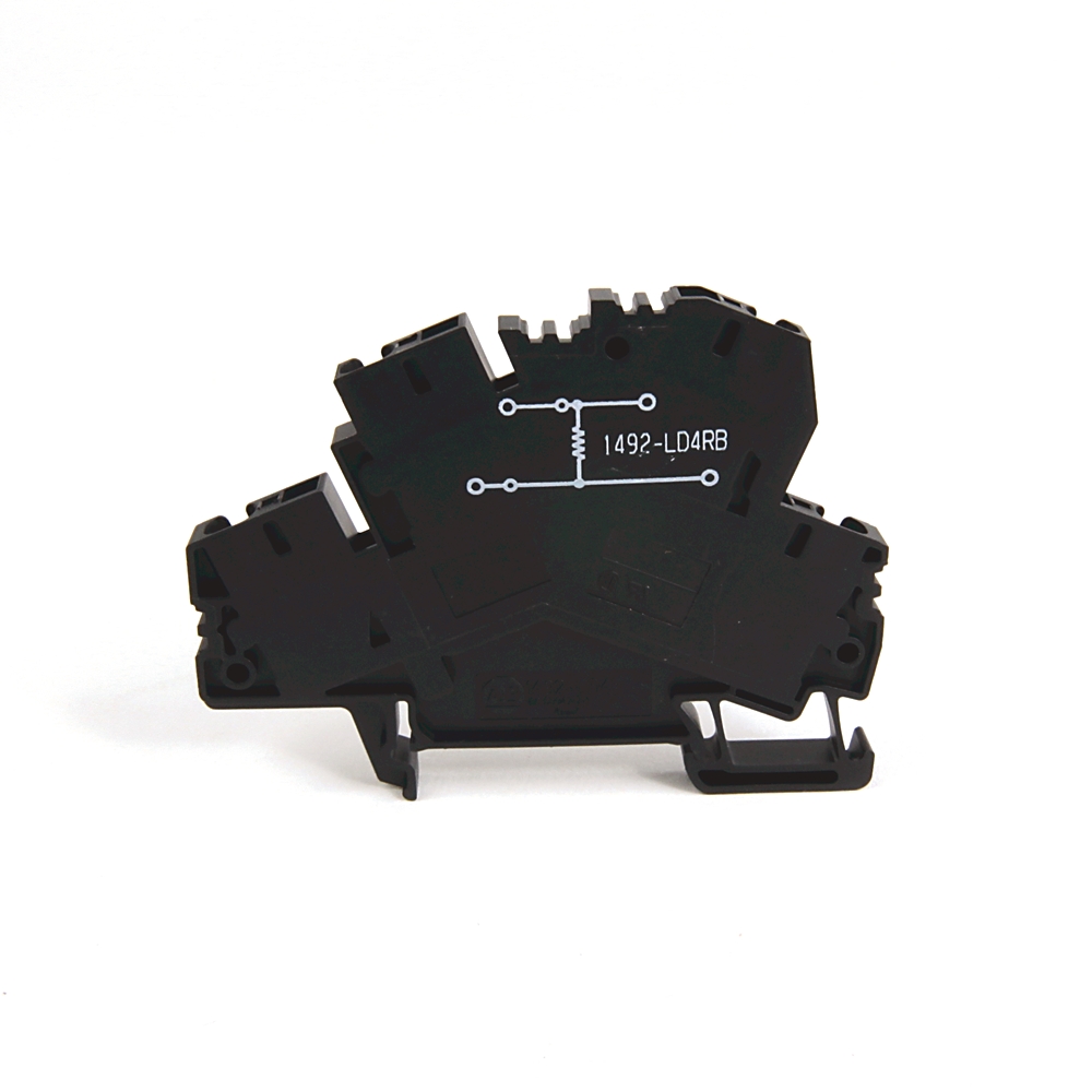 Black plastic electrical terminal/relay component with white schematic diagram and code 1492-LD4RB visible