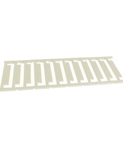 White plastic strip with evenly spaced rectangular slots in a row, likely a component spacing rack or organizer