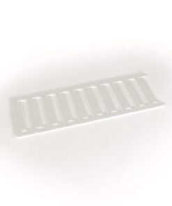 White plastic slotted strip with multiple evenly spaced rectangular slots on a light background.