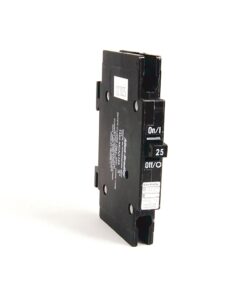 Black single-pole circuit breaker with an On/Off toggle labeled '25', photographed against a white background (angled view).