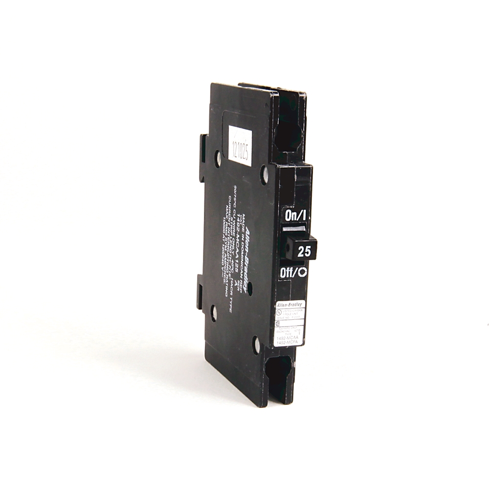 Black single-pole circuit breaker with an On/Off toggle labeled '25', photographed against a white background (angled view).