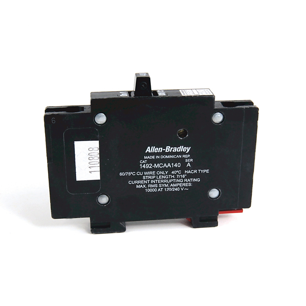 Allen-Bradley electrical control module on a white background, black rectangular device with model and label visible (1492-MCAA140).