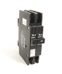 Two-pole circuit breaker with On/Off levers and a 25 rating label (dual-module design)