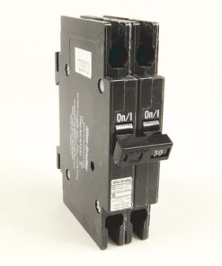 Black two-pole circuit breaker with 'On/1' levers and a small '30' rating label visible on the toggle