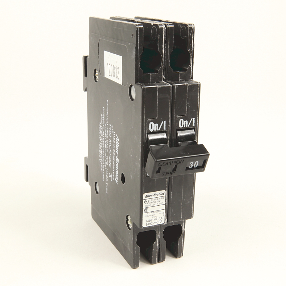 Black two-pole circuit breaker with 'On/1' levers and a small '30' rating label visible on the toggle