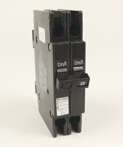 Two-pole circuit breaker with a 35A rating, standing upright; black unit labeled Allen-Bradley ready to protect an electrical circuit.