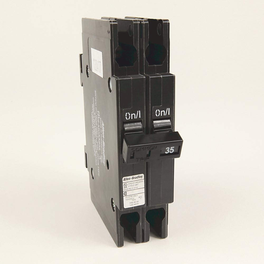 Two-pole circuit breaker with a 35A rating, standing upright; black unit labeled Allen-Bradley ready to protect an electrical circuit.