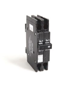 Two-pole 40A circuit breaker module in black with two On/Off toggles for panel installation
