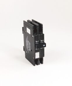 Three-pole circuit breaker module with three vertical switches and a small label, set against a light background (rating 50 shown).