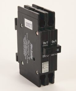Three-pole, 15-amp Allen-Bradley molded-case circuit breaker standing upright on a white background.