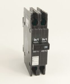 Two-pole miniature circuit breaker labeled 20 A for electrical protection (Allen-Bradley)