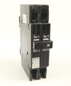 Allen-Bradley two-pole circuit breaker with on/off handles and a 30A rating, shown in a black vertical housing on a white background.
