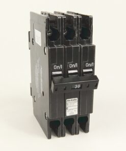 Three-pole 30A circuit breaker with three On/Off switches in a vertical row (Allen-Bradley) on a neutral background.
