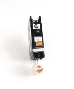 Single-pole AB-brand circuit breaker with an orange test button and a white wire attached, on a white background.