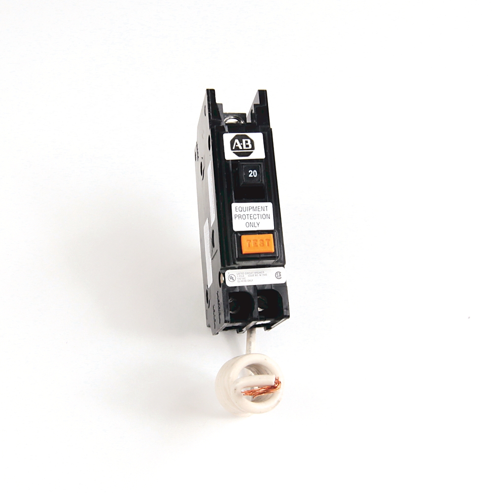 Single-pole AB-brand circuit breaker with an orange test button and a white wire attached, on a white background.