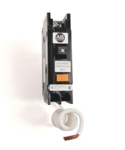 ABB brand circuit breaker with '30' amperage, test button, and 'Equipment Protection Only' label; white coiled wire attached below.