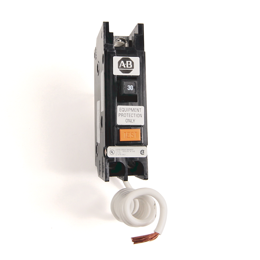 ABB brand circuit breaker with '30' amperage, test button, and 'Equipment Protection Only' label; white coiled wire attached below.