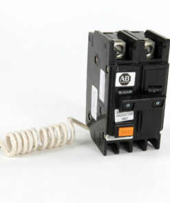 AB-brand circuit breaker with orange Test button and a white coiled lead attached to the side.