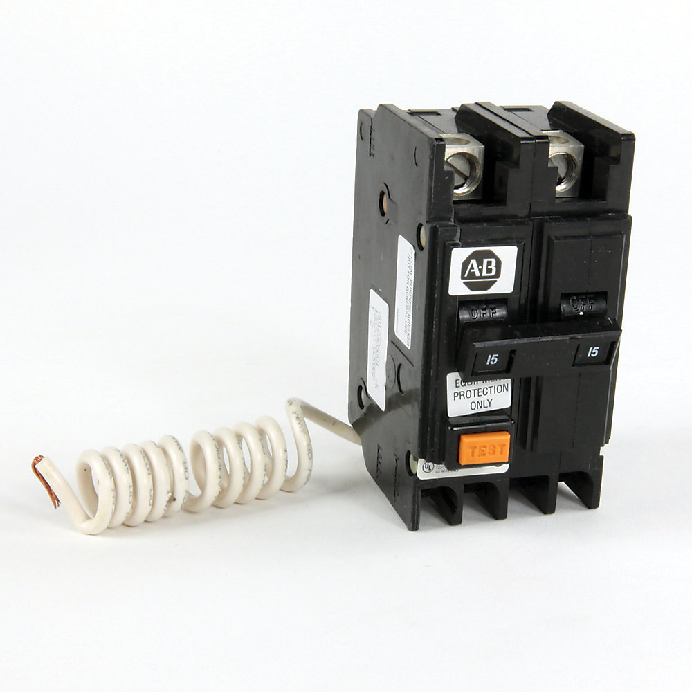 AB-brand circuit breaker with orange Test button and a white coiled lead attached to the side.