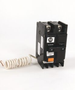 Black A-B circuit breaker with orange TEST button and coiled white cord attached on left side, isolated on white background, informative image of electrical device.