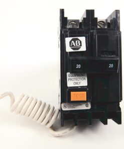 Black AB-brand two-pole circuit breaker with orange TEST button and a coiled white cord.