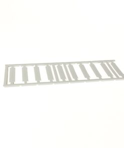 White plastic slotted rack with evenly spaced vertical slots lying flat