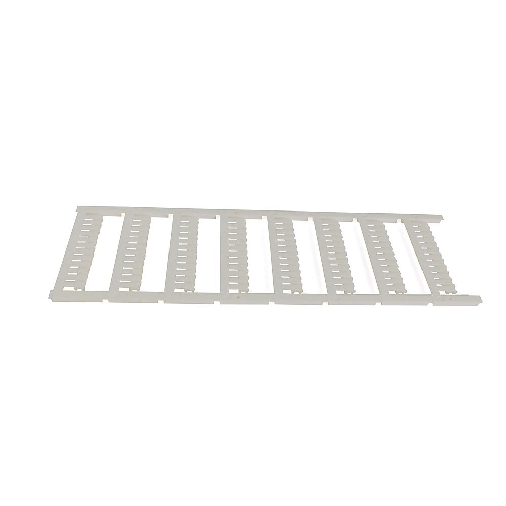 White plastic slotted rack/divider with evenly spaced rectangular slots, likely for organizing components or cards on a rack plate