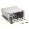 Metal rackmount enclosure with eight vertical drive bays and removable front panel, empty inside with screws nearby.