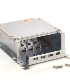Metal rackmount enclosure with eight vertical drive bays and removable front panel, empty inside with screws nearby.