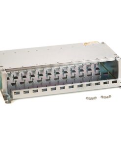 Metal rack-mount server backplane with multiple blade slots and front mounting brackets.