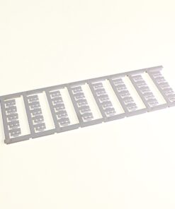 Row of identical gray plastic brackets connected along a strip, laid diagonally on a light background (likely spacers/holders). You can see repeated rectangular cutouts in each bracket piece.