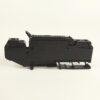 Black plastic industrial component viewed from the side, with mounting hooks and a raised edge, likely a module or cartridge housing.