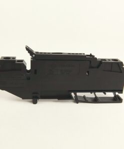 Black plastic industrial component viewed from the side, with mounting hooks and a raised edge, likely a module or cartridge housing.