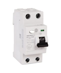 White miniature circuit breaker with a black toggle and two screw-terminal blocks (top and bottom); green indicator window visible on the front.