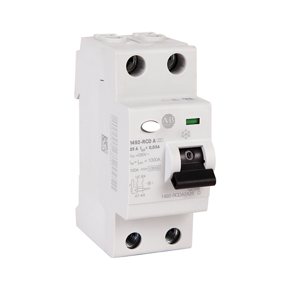 White miniature circuit breaker with a black toggle and two screw-terminal blocks (top and bottom); green indicator window visible on the front.