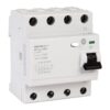 White four-pole miniature circuit breaker with a black toggle lever on the front and terminals on the top and bottom for wiring connection.