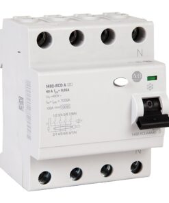 White four-pole miniature circuit breaker with a black toggle lever on the front and terminals on the top and bottom for wiring connection.