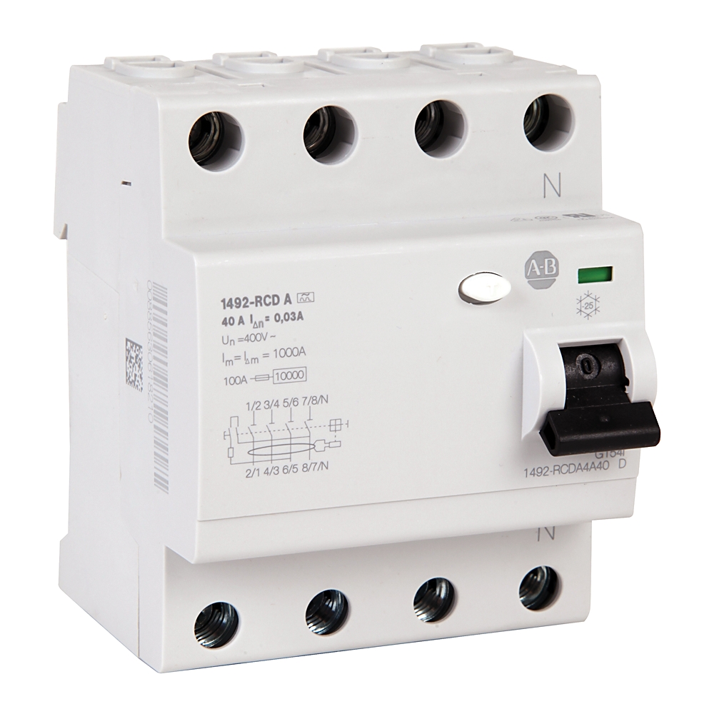 White four-pole miniature circuit breaker with a black toggle lever on the front and terminals on the top and bottom for wiring connection.