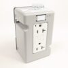 Gray enclosure containing a two-outlet power module with built-in test and reset buttons for each outlet location: L and N labeled on top edge.