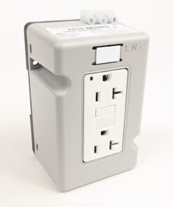 Gray enclosure containing a two-outlet power module with built-in test and reset buttons for each outlet location: L and N labeled on top edge.
