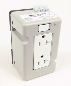 Grey electrical transformer with a recessed front outlet and three terminal posts on top