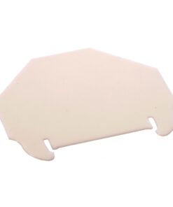Beige, irregular polygon-shaped plastic plate with two rounded hook-like notches along the bottom edge.