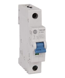 White single-pole miniature circuit breaker with a blue toggle switch, mounted for electrical protection.