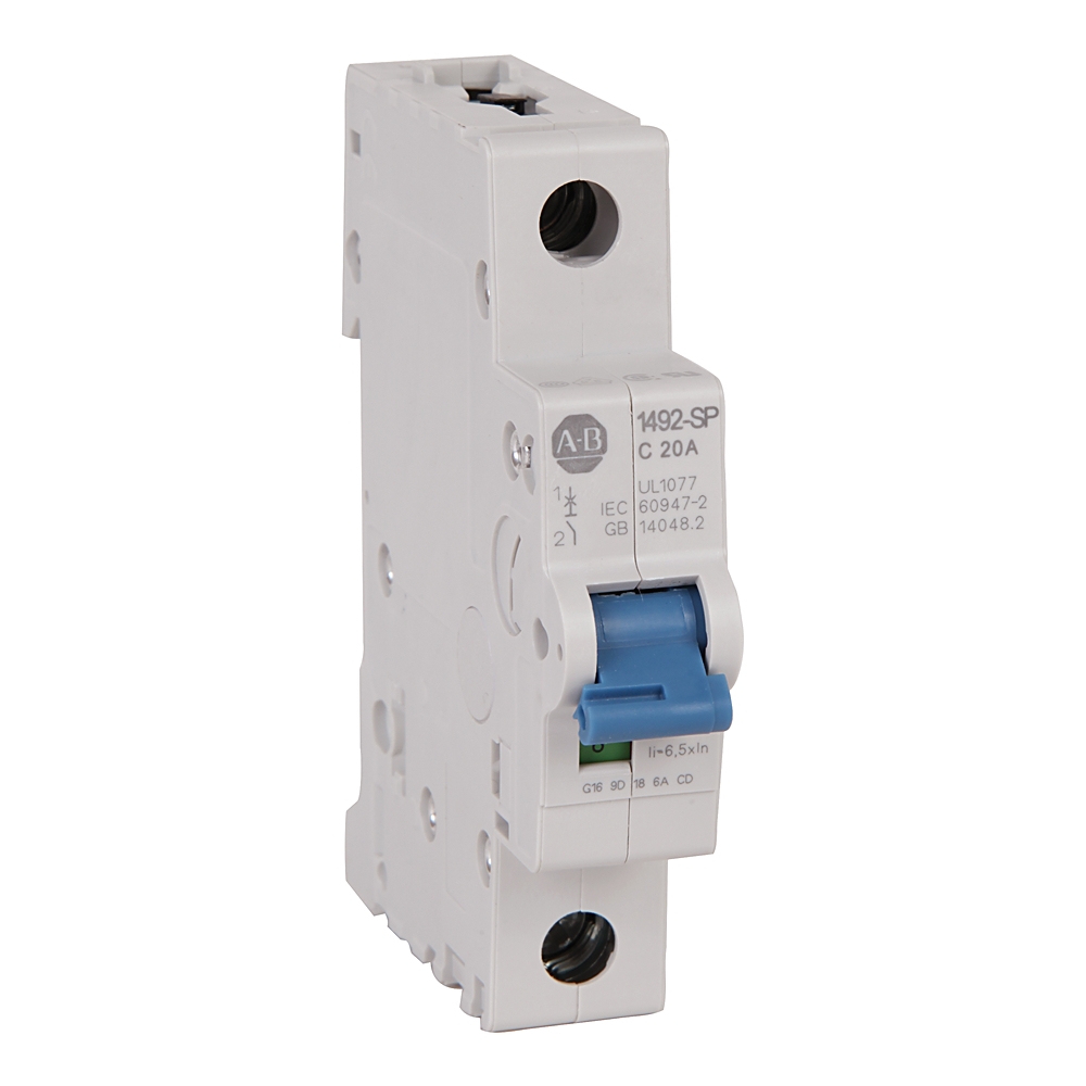 White single-pole miniature circuit breaker with a blue toggle switch, mounted for electrical protection.