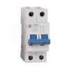 Two-pole miniature circuit breaker (ABB) with blue toggle levers for dual circuit protection of electrical panel.