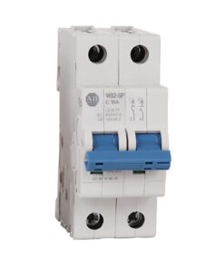 Two-pole miniature circuit breaker (ABB) with blue toggle levers for dual circuit protection of electrical panel.