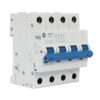Four-pole miniature circuit breaker with four blue toggle levers in a white housing (electrical breaker)